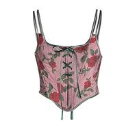 AMhomely Women Casual Sexy Eyelet Lace-up Floral Print Fishbone Court Vintage Corset Straps Tank Top, 07 Red, 3XL