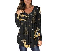 AMhomely Women Casual Tunic Tops Shirts Blouse Casual Christmas Printed Pullover O-Neck Long Sleeve Buttons Blouse Tops Ladies Dressy Costomes for Christmas Halloween Thanksgiving, Black 2, M