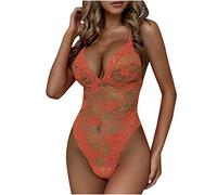 AMhomely Women Charming Garter Lingerie Set Lace Embroidered Teddy Bodysuit Deep V Neck Crisscross Back Strap Underwear Sexy Slut Onesies Pyjamas Nightwear, 02 Orange, S