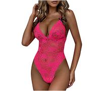 AMhomely Women Charming Garter Lingerie Set Lace Embroidered Teddy Bodysuit Deep V Neck Crisscross Back Strap Underwear Sexy Slut Onesies Pyjamas Nightwear, Hot Pink, M