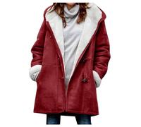 AMhomely Women Coats Winter Plus Size Ladies Fleece Lined Jacket Hoodies Pocket Woolen Casual Hooded Coats Horn Button Casual Warm Jacket Trench Coats Long Sleeve Hooded Overcoats