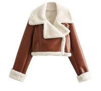 AMhomely Women Faux Fur Coats Long Sleeve Furry Cropped Jacket Ladies Faux Leather Aviator Jacket Vintage Fleece Lined Trench Coats Trucker Cropped Cardigan Motorcycle Short Coffee S