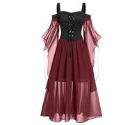 AMhomely Women Gothic Steampunk Maxi Dress - Vintage Medieval Mesh Elegant Party Evening Cocktail Dress with Corset High Waist