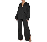 AMhomely Women 's 2 Outfit Sets, Elegant Party Ribbed Knitted Casual Sets Solid Color Shirt Wide Legs Co-ord Sets Going Out Long Sleeve Button Down Shirt + Pants Set Streetwear Loungewear Black XL
