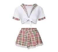 AMhomely Women School Girl Uniform Cosplay Set Short Sleeve Shirt with Plaid Skirt Costume, 03 Pink, S