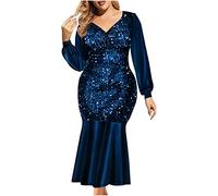 AMhomely Women Sexy Elegant Sequins Deep V-Neck Solid Color Long Sleeve Ruffled Evening Dress