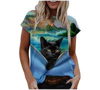 AMhomely Women Summer Tshirt Tops Casual T-Shirt Cat Printed O-Neck Short Sleeve Pullover Blouse Tops Sale Clearance Ladies Sexy Comfy Plus Size Blouses UK Size S-5XL