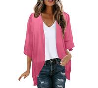 AMhomely Women Tops Blouse Chiffon Kimono Cardigans Open Front Floral Print Outwear Puff Sleeve Chiffon Cardigan Ladies Cardigan Casual Loose Beach Smocked Blouse Going Out Pink XXL