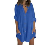 AMhomely Women Tops Summer Cotton Linen Blouses 3/4 Sleeve Oversized Shirts Button Down Loose Longline Tunic Tops Loungewear Plain Casual Smocked Blouses Festive Party 04 Blue M