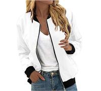 AMhomely Women Zipper Jacket Solid Short Coats Jackets Baseball Coats Ladies Motorcycle Bike Coat Fall Winter Short Trench Coat Outer Wear Black Cardigans for Women UK White S