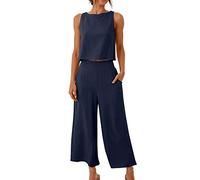 AMhomely Womens 2-Piece Outfits Summer Casual Solid Color Suit Short Sleeveless Tops and Wide Leg Pants Set Trousers Suit Lightweight Breathable Cotton Linen Outfits Cool Tracksuit Navy M