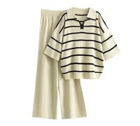 AMhomely Women's 2 Piece Outfits Sweater Set Long Sleeve Knit Pullover Wide Leg Pants Sweatsuit Lounge Set,T61- Beige,One Size