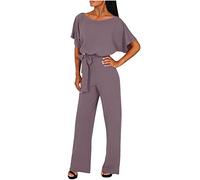 AMhomely Womens Black Slash Neck Jumpsuit Short Sleeve Belted Romper Loose Casual Playsuit, Purple, XL