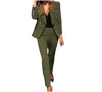 AMhomely Womens Blazer Suit 2 Piece Blazer Long Pants Ladies Elegant Party Jackets Trousers Suits Work Office Blazer Smart Casual Blazer Lapel Open Front Cardigans Plain Blazer Suit Army Green, 3XL