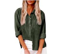 AMhomely Women's Blouse Button Down Linen Cotton Top Ladies Plus Size Shirts with Breasted Pocket Casual Office Oversized Tunic Tops Lapel Plain Dressy Tops Trendy Blouse Elegant Shirts Army Green L