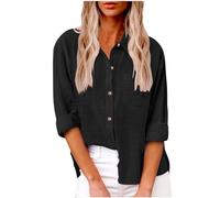 AMhomely Women's Blouse Button Down Linen Cotton Top Ladies Plus Size Shirts with Breasted Pocket Casual Office Oversized Tunic Tops Lapel Plain Dressy Tops Trendy Blouse Elegant Tees Shirts Black M