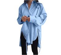 AMhomely Womens Blouse Party Elegant Dipped Hem Top Irregular Hem Long Sleeve Shirts Elegant Longline Tops Business Casual Dress Tops Solid Side Drawstring High Low Tunic Tops Blue S