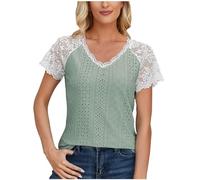 AMhomely Womens Blouse Summer Lace V Neck Lace Short Sleeve Top Solid Lace Patchwork Casual Tunic Tops Solid Lace Trim Tees Shirts Loose Solid Pullover Tops Blouse Elegant T Shirts Holiday Green XXL