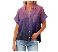AMhomely Women'S Blouses & Shirts Cotton Linen Tops Ladies Blouse Plus Size Button Down Casual Shirts Short Sleeve Tops Stripe Print Oversized Blouse Tees Shirts Oversized Tunic Tops Office Purple XXL