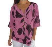 AMhomely Women's Blouses & Shirts Linen Tops for Women Plus Size Floral Tees Shirts Short Sleeve V Neck Oversized Blouse Tops Loose Vintage Tunic Office Work Dressy Elegant Pink 5XL