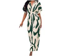 AMhomely Womens Boho Culotte Jumpsuit Ladies Wide Leg Dungarees Vintage Printed Bodysuit Elegant Party Cap Sleeve Romper Trousers Waisted Tie Overalls Trousers Going Out Playsuits Holiday Green M