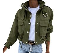 AMhomely Women's Bomber Military Jacket - Full Zip Flight Jacket, Lightweight with Pockets, Utility, Cropped Top Coat