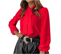 AMhomely Womens Bow Tie Neck Blouse Ladies Dress Shirts and Blouses Lantern Long Sleeve Shirt Elegant Vintage Lantern Sleeve Blouse Victorian Shirts Office Work Formal Tops Red XL