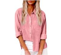 AMhomely Women's Button Down Shirts Long Sleeve Blouse Plus Size Oversized Cotton Linen Tunic Tops with Pocket Loose Pullover Tunic Tops Elegant Flowy Blouse Going Out Pink 5XL