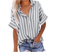 AMhomely Womens Button Down Shirts-Summer Short Sleeve Shirts,Stripe Print Oversized Blouses,Cotton Linen Like,Turndown Collar,Loose Tees Tops,Casual Office Work A Grey XL