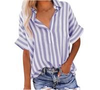 AMhomely Womens Button Down Shirts-Summer Short Sleeve Shirts,Stripe Print Oversized Blouses,Cotton Linen Like,Turndown Collar,Loose Tees Tops,Casual Office Work A Purple XL