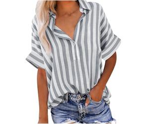 AMhomely Womens Button Down Shirts-Summer Short Sleeve Shirts,Stripe Print Oversized Blouses,Cotton Linen Like,Turndown Collar,Loose Tees Tops,Casual Office Work