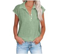 AMhomely Womens Button Up Blouse Ladies Linen/Cotton Summer Tops Solid Casual Beach Shirts Cap Sleeve Tunic Tops Office Work Dressy Elegant Party Tees Shirts Holiday Vacation T Green XXL