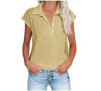AMhomely Womens Button Up Blouse Ladies Linen/Cotton Summer Tops Solid Casual Beach Shirts Cap Sleeve Tunic Tops Office Work Dressy Elegant Party Tees Shirts Holiday Vacation T Khaki XL