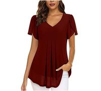 AMhomely Women's Casual Summer Tops V Neck Chiffon Blouse Short Sleeve Shirts White T-Shirts Solid Color Summer T-Shirt Long Tunic Blouse Ruffle Hem Loose Tops for Ladies 01 Wine