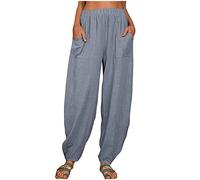 AMhomely Womens Casual Trousers Cotton Linen Cropped Pants Loose Fit Straight Elasticated Waist Chino Bottoms with Pocket