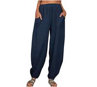 AMhomely Womens Casual Trousers Cotton Linen Cropped Pants Loose Fit Straight Elasticated Waist Chino Bottoms with Pocket, 01 Blue