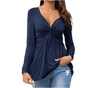 AMhomely Womens Casual V Neck Blouse Long Sleeve Shirt Tunic Tops Novelty Front Twist Shirts Blouses, 01 Violette, L