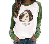 AMhomely Womens Cat Print Pullover Kawaii Hedgehog Pattern Sweatshirts Casual Color Block Raglan Long Sleeves O Neck Loose Tops Blouses Ladies Crew Neck Jumpers Loose Pullover