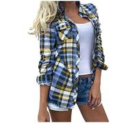 AMhomely Womens Checked Shirts Long Sleeve Button Down Cardigan Outwear Shacket Plaid Casual Lapel Blouse Coats Lightweight Ginghams Shirts Jacket Ladies Turn Down Collar Boyfriend Blue XL