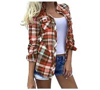 AMhomely Womens Checked Shirts Long Sleeve Button Down Cardigan Outwear Shacket Plaid Casual Lapel Blouse Coats Lightweight Ginghams Shirts Jacket Ladies Turn Down Collar Boyfriend Red S