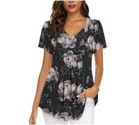 AMhomely Womens Chiffon Blouses V Neck Ladies Petal Short Sleeve Chiffon Tops Double Layers Mesh Shirts Summer Pleated Elegant Blouse for Leggings Floral Tunics for Work Business Office Party