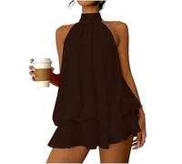 AMhomely Women's Chiffon Halter Open Back A-Line Mini Dress - Sleeveless Round Neck Mesh Tiered Party Dress