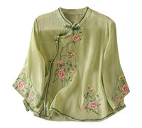AMhomely Womens Cotton Linen 3/4 Sleeve Tops Elegant Floral Embroidery Blouse Chinese Style Cheongsam Collar Tunic Tops Button Shirts Going Out Tea Party Dressy Tees 02 Green XXL