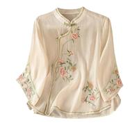 AMhomely Womens Cotton Linen 3/4 Sleeve Tops Elegant Floral Embroidery Blouse Chinese Style Cheongsam Collar Tunic Tops Button Shirts Going Out Tea Party Dressy Tees 02 Beige XL