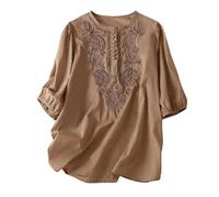 AMhomely Womens Cotton Linen Half Sleeve Embroidery Tunic Tops Oversized Casual Shirts Solid Buttons Tees Shirts Elegant Crewneck Pullover Tops Going Out Khaki L