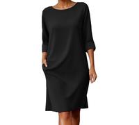 AMhomely Womens Cotton Linen Shift Midi Dress Three Quarter Sleeve Crew Neck Casual Plain Summer Daily Work UK S-XXL