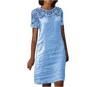 AMhomely Women's Crochet Lace Casual Dress - Cotton Linen Summer Beach Dress - Blue XL