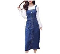 AMhomely Womens Denim Pinafore Dungaree Dress Button Down Jumper Dresses with Pockets