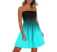 AMhomely Womens Dress Ladies Casual Dress Summer Strapless Bandeau Floral Feather Print One-Shoulder Tube Tunic Pleated Loose Party Wear UK Size Blue L