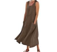 AMhomely Womens Dresses Summer Linen Dress with Pockets Plus Size Sleeveless Sundress Solid Baggy Swing Dresses Patchwork Crewneck Shift Dress Beach Party Wear Holiday 02 Coffee XXL
